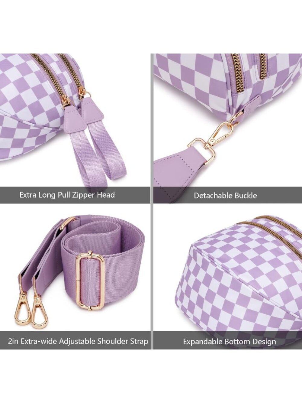 Women's Purple Spacious Checkered Double-Zipper Compartments Crossbody Bags - Picture 5 of 6